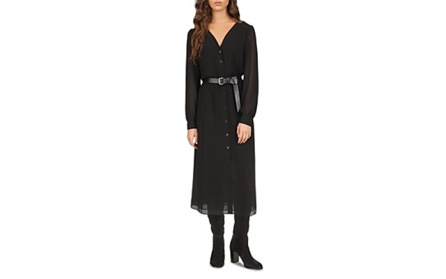  Women’s Kate Belted Button-Down MIDI Dress, Black, Large