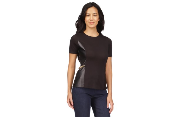  Women’s Mixed-Media Chain-Embellished Top, Black, Large