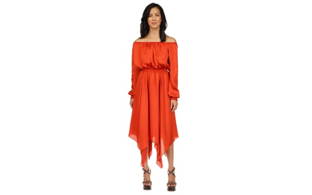  Women’s Off-the-Shoulder Handkerchief-Hem Dress, Bright Terracotta, P/XL