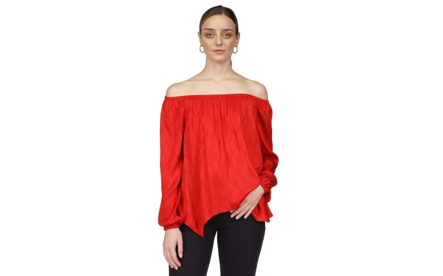  Women’s Off-the-Shoulder Jacquard-Print Top, Crimson, Large