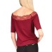  Womens Petite Lace-Trim Off-The-Shoulder Top, Burgundy, PS