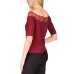  Womens Petite Lace-Trim Off-The-Shoulder Top, Burgundy, PS