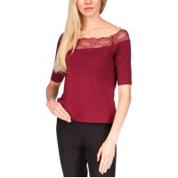Michael Kors Womens Petite Lace-Trim Off-The-Shoulder Top, Burgundy, PS