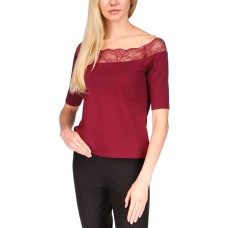 Michael Kors Womens Petite Lace-Trim Off-The-Shoulder Top, Burgundy, PS