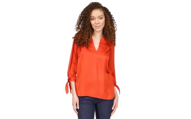  Womens Petite Solid Satin Tie Top, Burnt Terracotta, P/X-Small