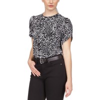 Michael Kors Womens Petites Crewneck Short Sleeve Blouse, Black/White, Large