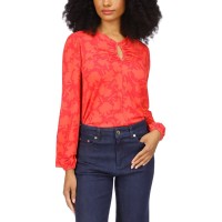 Michael Kors Womens Petites Keyhole Long Sleeve Blouse, Pink, P/Medium