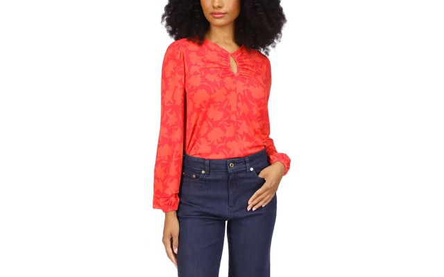  Womens Petites Keyhole Long Sleeve Blouse, Pink, P/Medium
