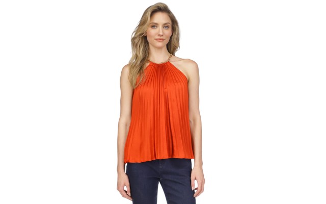  Women’s Pleated Chain Sleeveless Top – Bright Terracotta, Large
