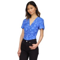 Michael Kors Womens Printed Ruched Pullover Top, Blue,P/Medium