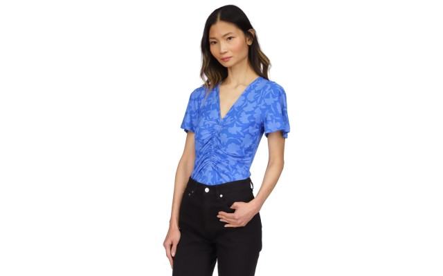  Womens Printed Ruched Pullover Top, Blue,P/Medium