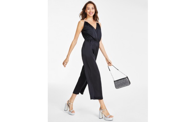  Women’s Rhinestone-Strap Surplice Jumpsuit, Black,P/ XL