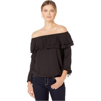 Michael Kors Womens Ruffle Peasant Top, Black, Small