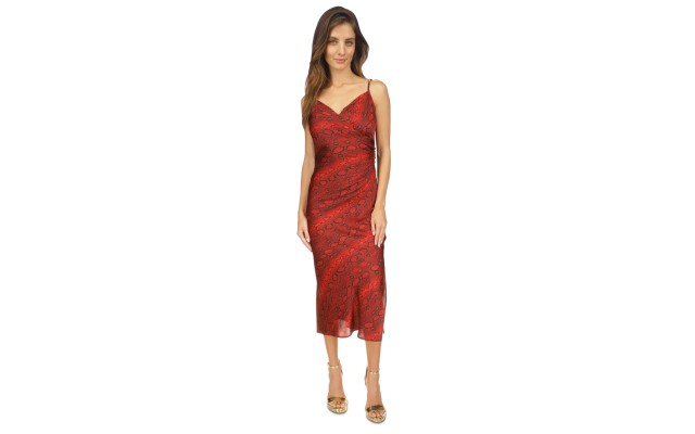  Women’s Snakeskin-Print Chain Slip Dress – Crimson, Small