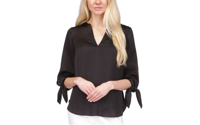  Womens Solid Satin Tie Top, Black, Small