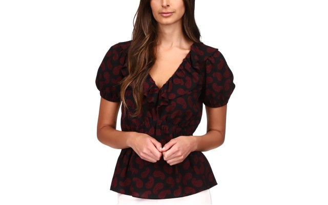  Wome’s Paisley Puff-sleeve Peplum Top, Dark Ruby, XX-Large