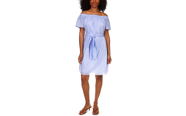 Michael  Cotton Spring Bud Off-The-Shoulder Dress, Blue, XLarge