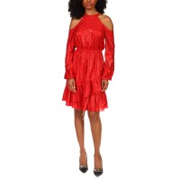 Michael Michael Kors Women’s Long Cold Shoulder Sleeve Flounce Hem Dress Crimson Medium
