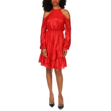Michael Michael Kors Women’s Long Cold Shoulder Sleeve Flounce Hem Dress Crimson Medium