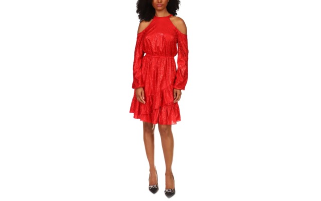 Michael  Women’s Long Cold Shoulder Sleeve Flounce Hem Dress Crimson Medium