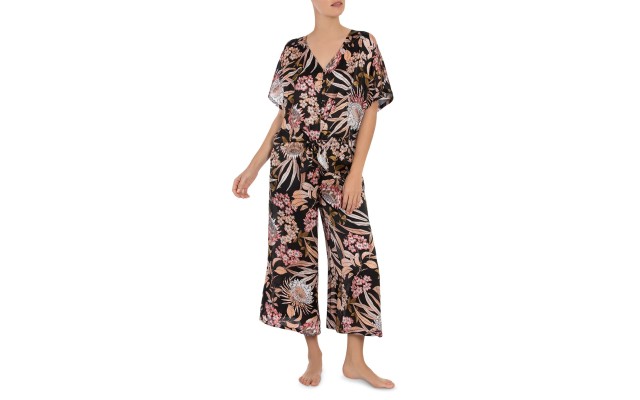 Midnight Bakery Women’s Floral Satin Crop Pajamas, Black/Peach, Medium