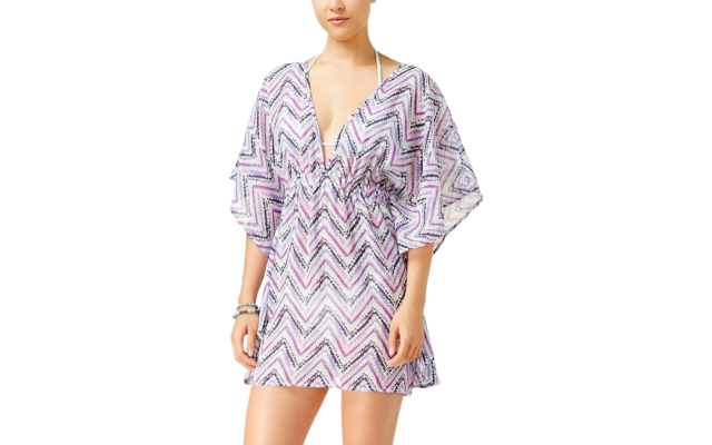  Womens Chevron Kimono Dress Swim Cover-Up, Purple, Small