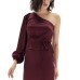  Womens One-Shoulder Peplum Top, Wine/S