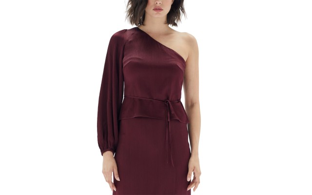  Womens One-Shoulder Peplum Top, Wine/S