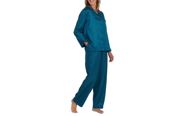  Women’s 2-Pc. Striped Notched-Collar Pajamas Set, Teal, Small