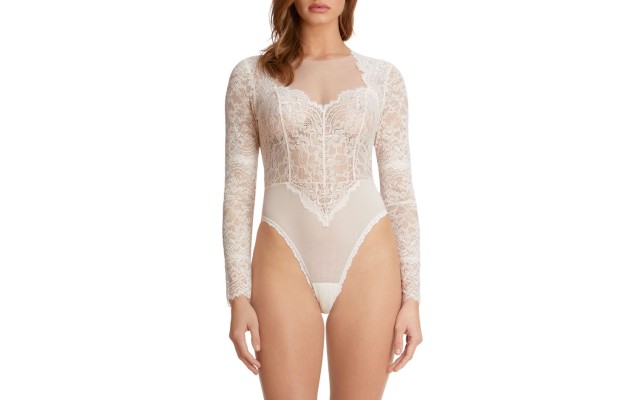 Monique Lhuillier x Hanky Panky Gallon Lace Bodysuit in Monique Lhuillier Blush