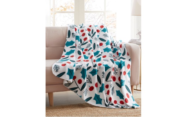  Holiday Printed Fleece Throw, Blue, 50×60