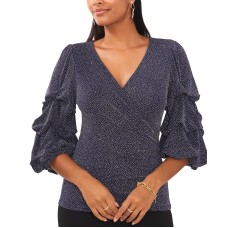 Msk Women’s Glitter-Knit Tiered-Sleeve Surplice Top, Navy Silver, Small