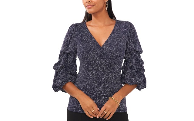  Women’s Glitter-Knit Tiered-Sleeve Surplice Top, Navy Silver, Small