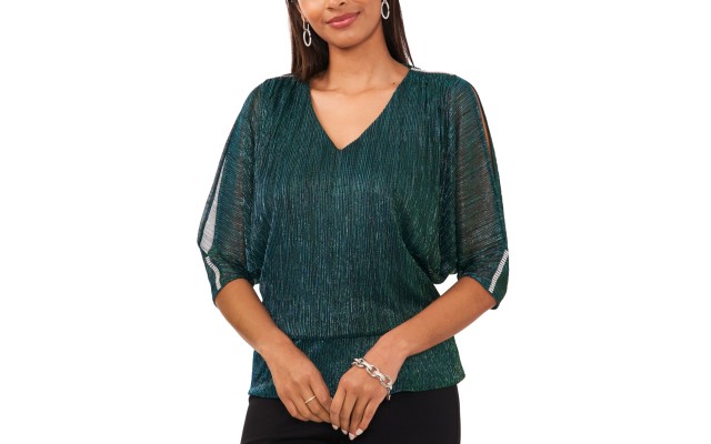  Women’s Metallic Blouson Split-Sleeve Blouse – Dazzling Jade, Large
