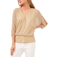 Msk Womens Split-Sleeve Metallic Blouson Top, White/Gold, XL