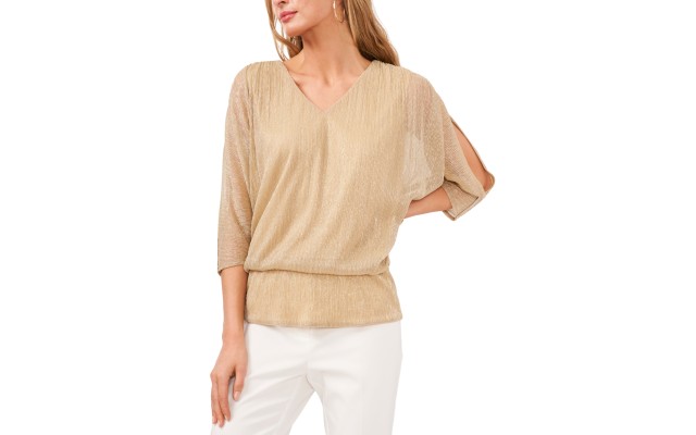  Womens Split-Sleeve Metallic Blouson Top, White/Gold, XL