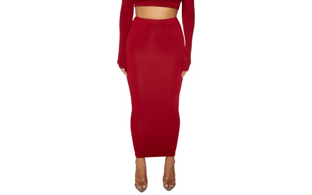  Solid Hourglass Midi Skirt, Burgundy, X-Small