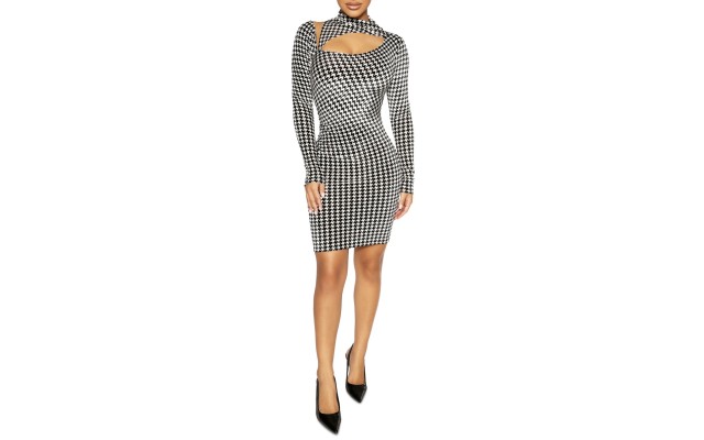  Womens Houndstooth-Print Crisscross Dress (White, M)
