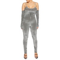 Naked Wardrobe Womens Long Sleeve Cold Shoulder Jumpsuit, Houndstooth/S