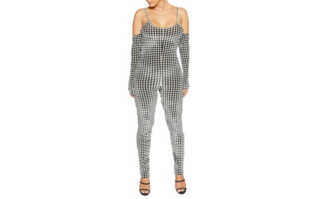  Womens Long Sleeve Cold Shoulder Jumpsuit, Houndstooth/S