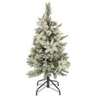 National Tree Company 3′ Feel Real Frosted Colonial Pencil Slim Hinged Tree with Poinsettias, Berries 50 Clear Lights – Green