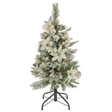 National Tree Company 3′ Feel Real Frosted Colonial Pencil Slim Hinged Tree with Poinsettias, Berries 50 Clear Lights – Green