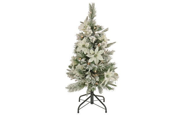  3′ Feel Real Frosted Colonial Pencil Slim Hinged Tree with Poinsettias, Berries 50 Clear Lights – Green