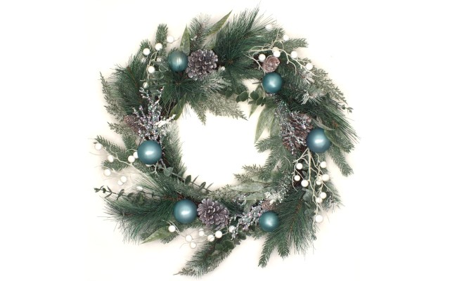 Artificial Decorated Evergreen Christmas Wreath, with Berry Clusters, Silver Pinecones, and Leafy Greens, 24 in