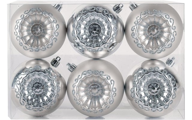  First Traditions Christmas Tree Ornaments, Metallic Silver with Swirls, Set of 6