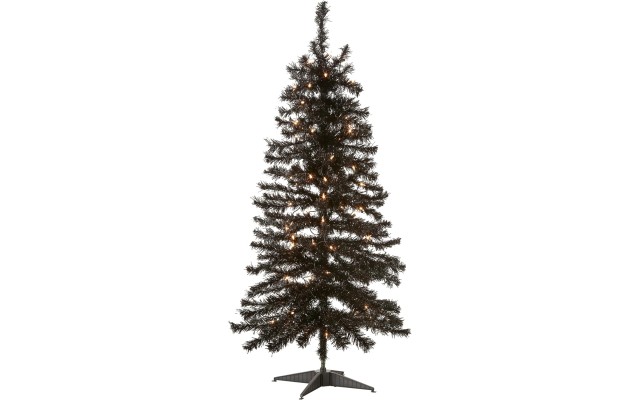  Pre-Lit Artificial Christmas Tree, Black Tinsel, White Lights, Includes Stand, 4 feet
