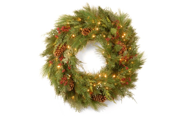  Pre-Lit Artificial Christmas Wreath, Green, White Pine, White Lights, Decorated with Berry Clusters, Pine Cones, Christmas Collection, 30 Inches