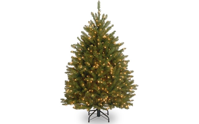  Pre-Lit Artificial Mini Christmas Tree, Green, Dunhill Fir, White Lights, Includes Stand, 4 Feet