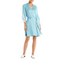 Natori Women’s Lace Trim Satin Wrap Robe, Aqua, Large