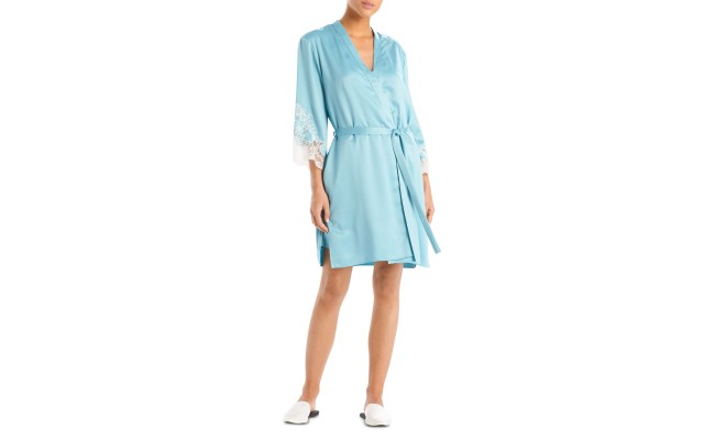  Women’s Lace Trim Satin Wrap Robe, Aqua, Large